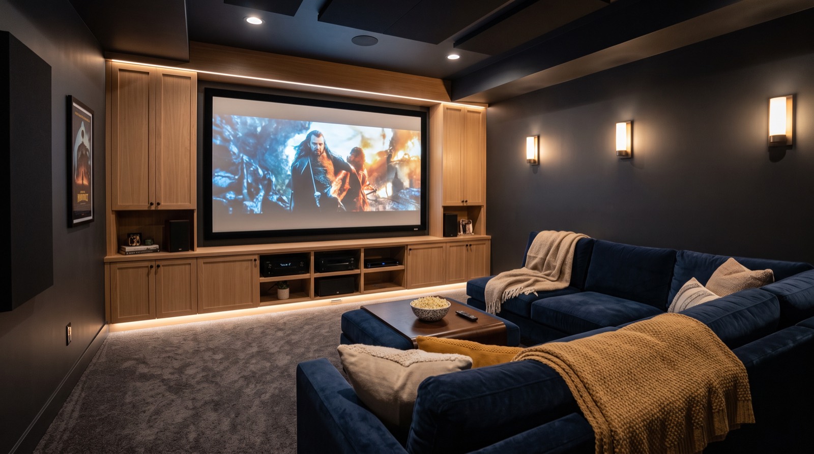 Basement home theater with media wall and warm lighting